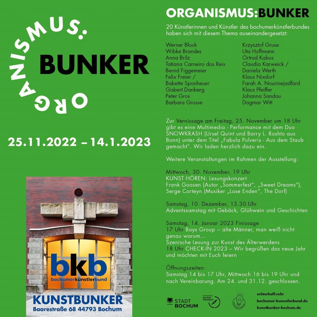 Organismus: Bunker
im Kunstbunker Baarestr. Bochum
Gisbert Danberg Video Installation Barbara Grosse Werner Block Nixdorf Gruse